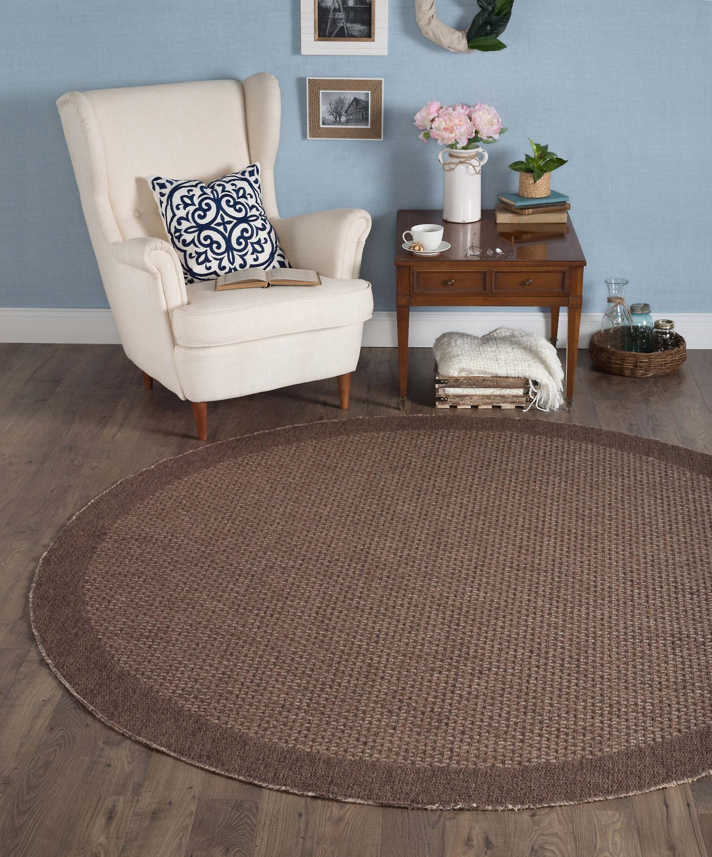 Bliss Rugs Indoor Outdoor Basket Weave Round Rug for Living Room, Dining Room | Mocha, 5'1''Round