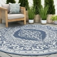 thumbnail image 1 of 6ft Round Water Resistant, Indoor Outdoor Rugs for Patios, Front Door Entry, Entryway, Deck, Porch, Balcony | Outside Area Rug for Patio | Navy, Floral | Size: 5'3'' Round, 1 of 6