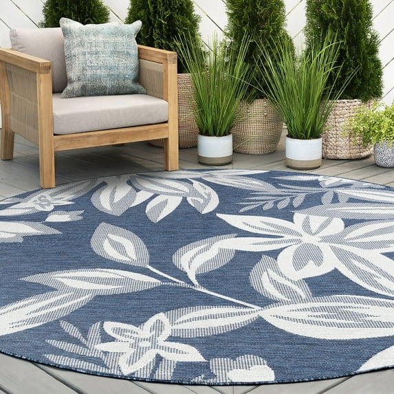 6ft Round Water Resistant, Indoor Outdoor Rugs for Patios, Front Door Entry, Entryway, Deck, Porch, Balcony | Outside Area Rug for Patio | Navy, Floral | Size: 5'3'' Round