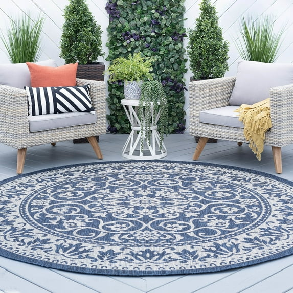 6ft Round Water Resistant, Indoor Outdoor Rugs for Patios, Front Door Entry, Entryway, Deck, Porch, Balcony | Outside Area Rug for Patio | Navy, Floral | Size: 5'3'' Round