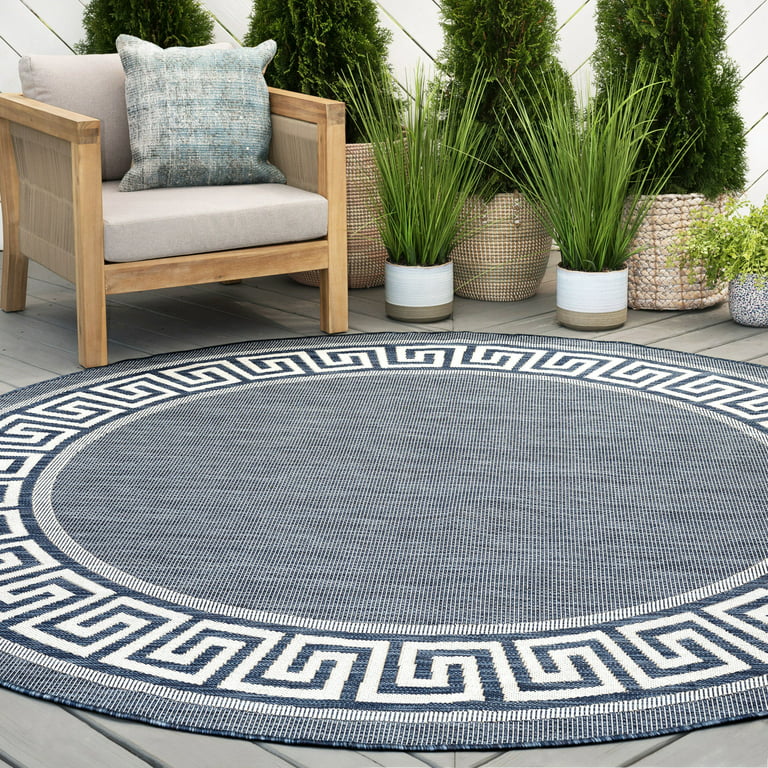 6ft Round Water Resistant, Indoor Outdoor Rugs for Patios, Front Door Entry,  Entryway, Deck, Porch, Balcony, Outside Area Rug for Patio, Navy, Greek  Key