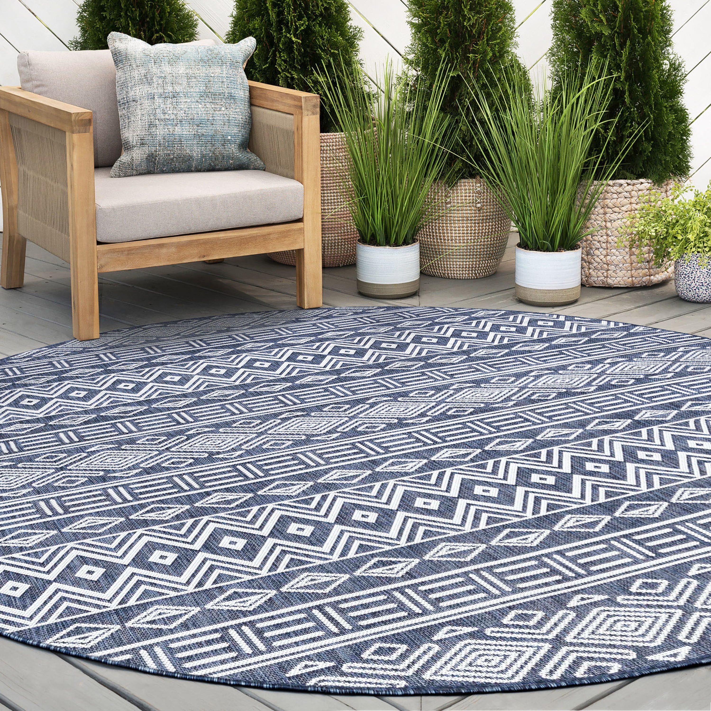 6ft Round Water Resistant, Indoor Outdoor Rugs for Patios, Front Door Entry, Entryway, Deck, Porch, Balcony | Outside Area Rug for Patio | Navy, Moroccan | Size: 5'3'' Round