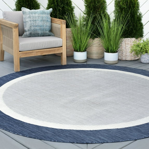 6ft Round Water Resistant, Indoor Outdoor Rugs for Patios, Front Door Entry, Entryway, Deck, Porch, Balcony | Outside Area Rug for Patio | Navy, Solid Border | Size: 5'3'' Round