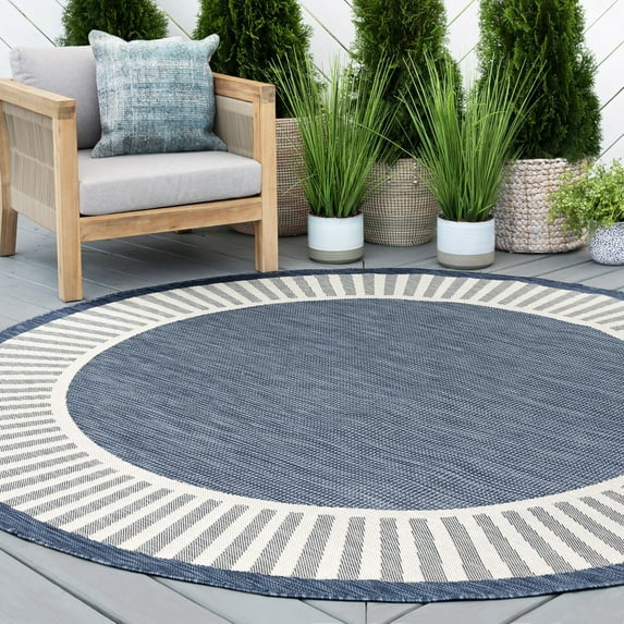 6ft Round Water Resistant, Indoor Outdoor Rugs for Patios, Front Door Entry, Entryway, Deck, Porch, Balcony | Outside Area Rug for Patio | Navy, Striped Border | Size: 5'3'' Round