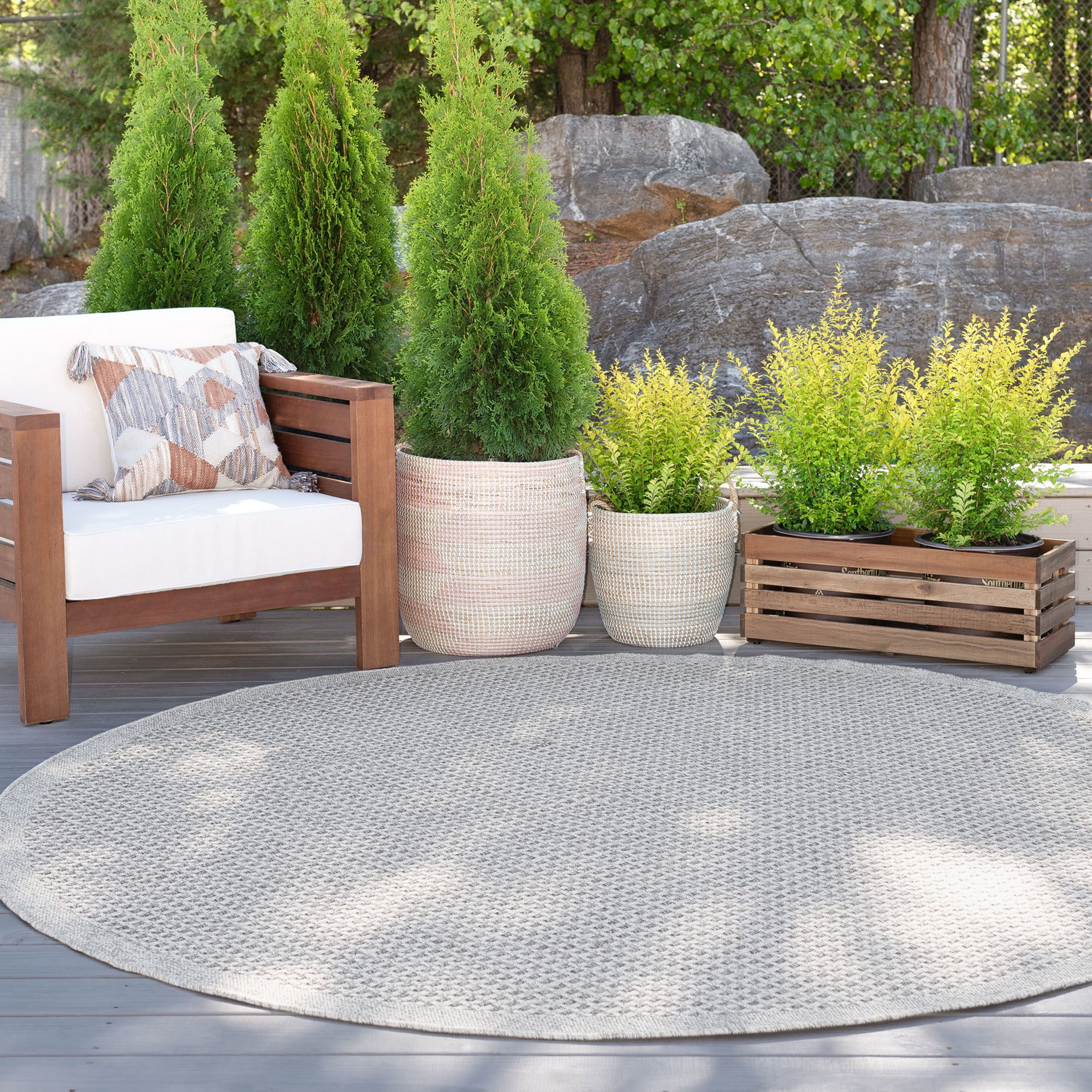 6ft Round Water Resistant, Indoor Outdoor Rugs for Patios, Front Door Entry, Entryway, Deck, Porch, Balcony | Outside Area Rug for Patio | Taupe, Basketweave | Size: 5'3'' Round