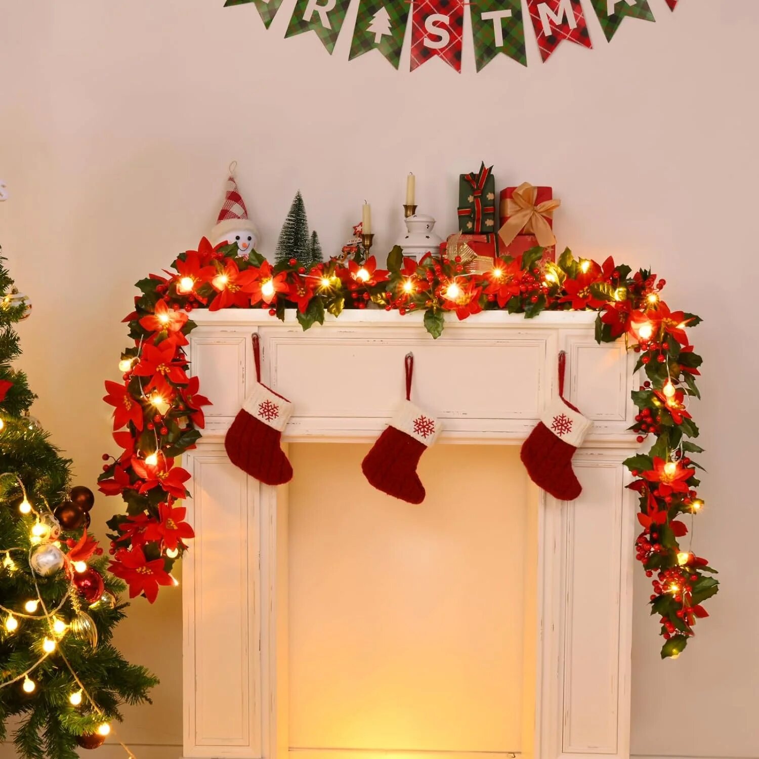 Ktinnead 6ft Silk Poinsettia Christmas Garland Decorations with Globe String Lights, Holly Red Berry Garland Christmas Decorations for Xmas Winter Home Mantle Fireplace Stairs Chandeliers Decor