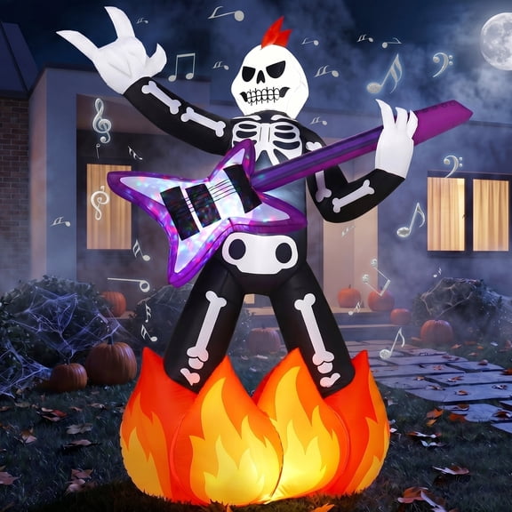 Joyfy 6 ft Halloween Inflatable Skeleton Playing Guitar,Halloween Skeleton Outdoor Decor with Music & Color LED Lights,Self-Blow Up Decoration for Yard,Garden & Party
