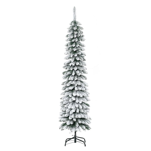 6ft Snow-Flocked Christmas Tree, Slim Pencil Xmas Tree with 395 Realistic Branches & Metal Base, Green