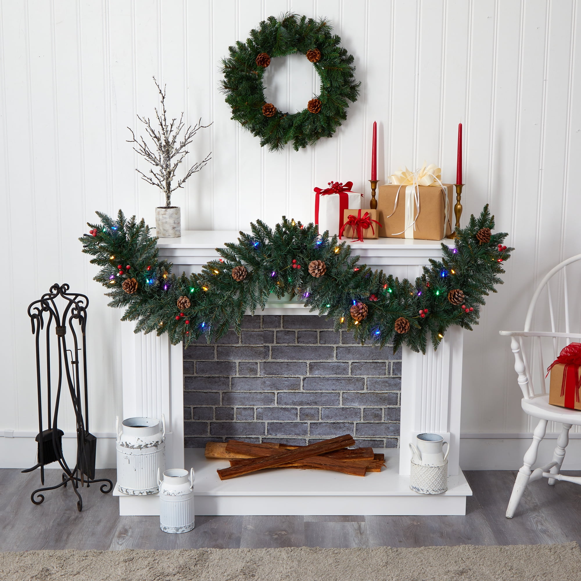 6ft. Snow Dusted Artificial Christmas Garland with 50 Multicolored LED Lights, Berries and Pinecones
