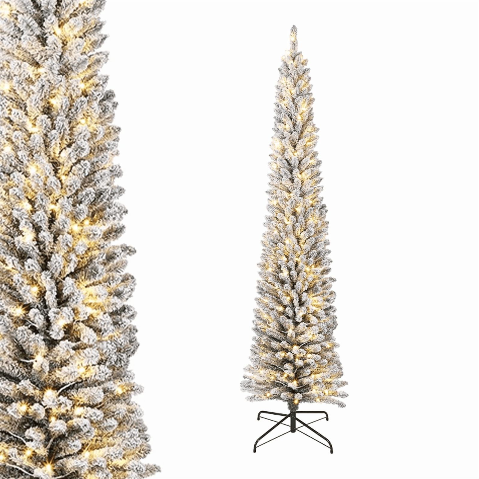 6ft Snow Flocked Christmas Tree Pre-Lit with Warm Lights, White Frosted ...