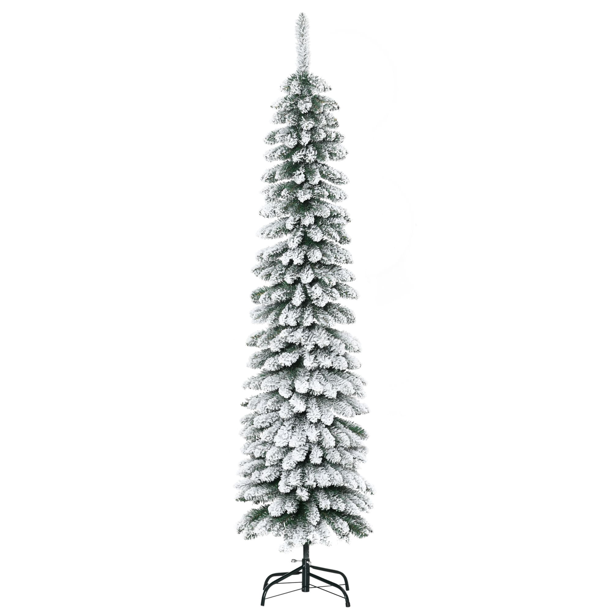 6ft Snow-Flocked Christmas Tree, Slim Pencil Xmas Tree with 395 Realistic Branches & Metal Base, Green