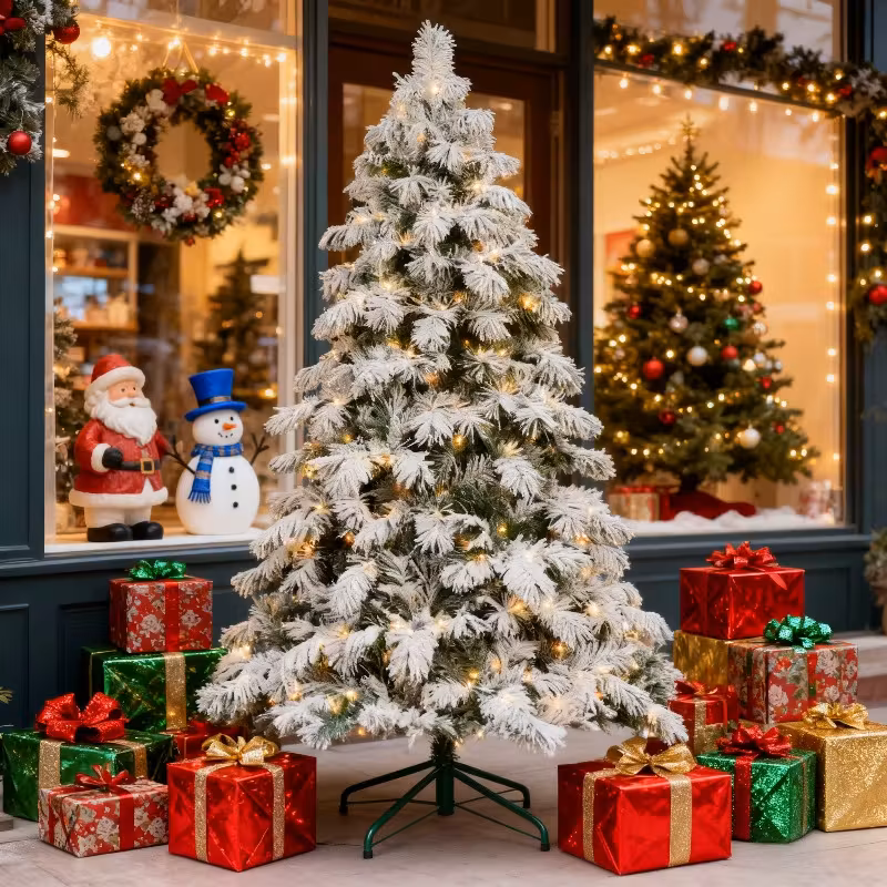 6ft Snow Flocked Pre-Lit Premium Artificial Hinged Christmas Tree w/ 594 Branch Tips, 270 LED Warm White Lights, Artificial Fir Xmas Tree with Metal Stand for Home, Office, Party Decoration