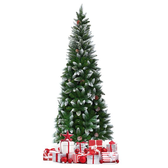 6ft Snow Flocked Unlit Artificial Pencil Home Tree Hinged w/ Pine Cones