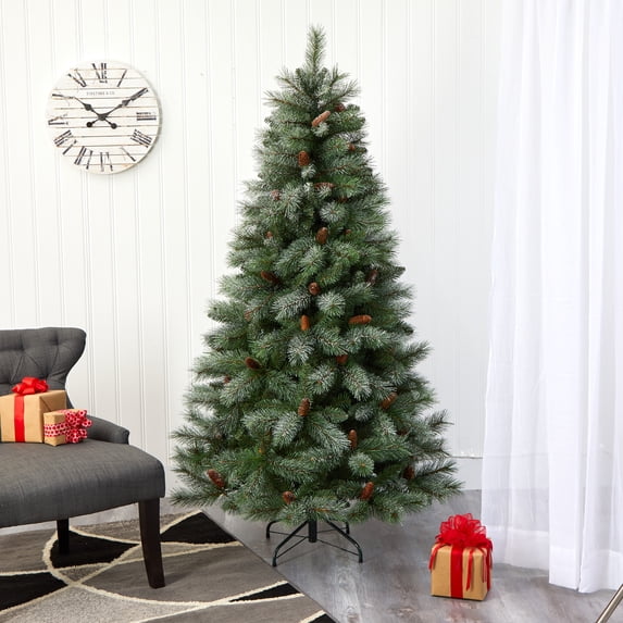 6ft. Snowed French Alps Mountain Pine Artificial Christmas Tree with 583 Bendable Branches and Pine Cones