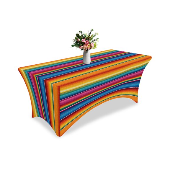 6ft Stretch Spandex Tablecloth,Colorful Mexican Stripe Fitted Table Cover for Rectangular Tables,Rainbow Line Watercolor Wrinkle Free Table Cloths for Wedding,Party,Banquet