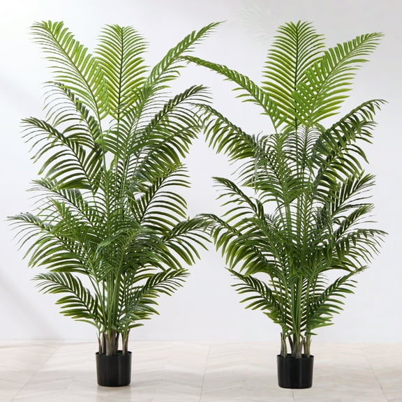 6ft Tall Artificial Areca Palm Tree (2-Pack) - UV Resistant Indoor/Outdoor Fake Potted Plant in Cement Pot, Realistic Tropical Decor for Patio, Living Room, Office