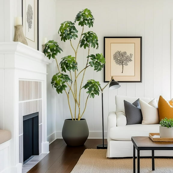 6ft Tall Artificial Umbrella Tree, Fake Indoor Plant with Multiple Trunks, Faux Schefflera Tree in Decorative White Planter, Real Touch Leaves