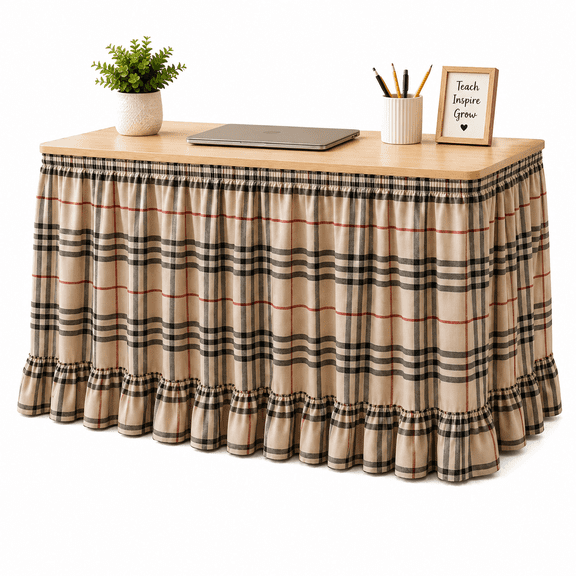 6ft Teacher Desk Skirt, Gingham Ruffled Table Skirt with Hook & Loop