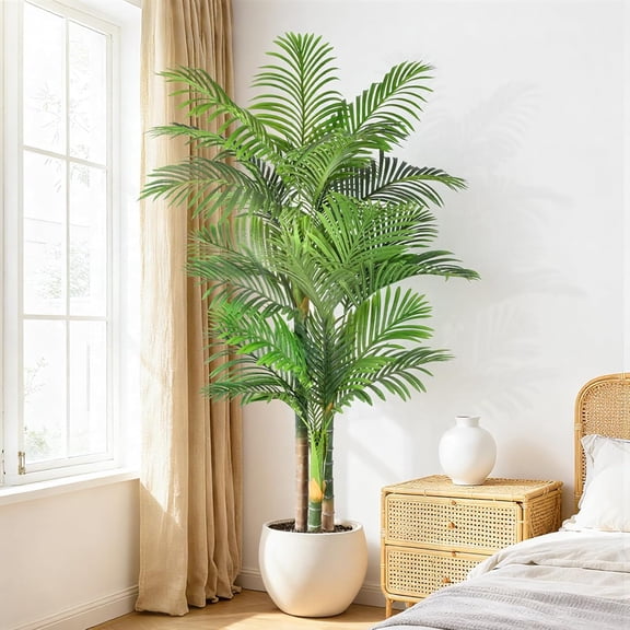 6ft Triple Golden Cane Palm Artificial Tree UV Resistant Fake Plant in Pot for Indoor Outdoor Decor