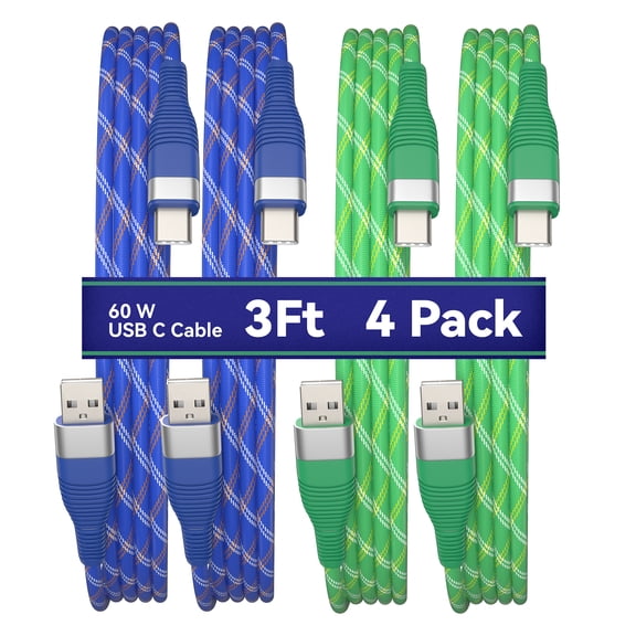 6ft USB-A to USB-C Fast Charging Cable, Durable Braided Type-C Cord 4 Pack-Green/Blue