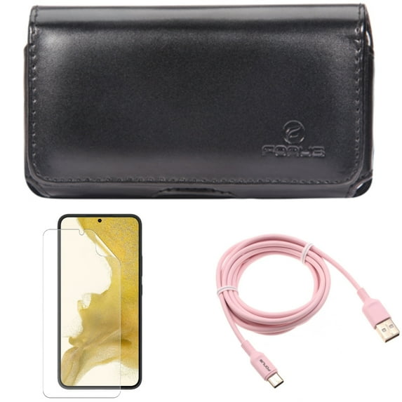 6ft USB-C Cable & Matte Screen Protector & Case Belt Clip for Samsung Galaxy S22 (6.1") - Pink Charger Cord & TPU Film Anti-Glare & Leather Swivel Accessory Bundle
