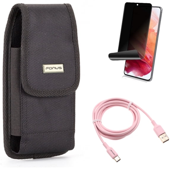 6ft USB-C Cable & Privacy Screen Protector & Case Belt Clip for Samsung Galaxy S22 (6.1") - Pink Charger Cord & TPU Film Fingerprint Works & Swivel Holster Accessory Bundle
