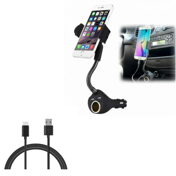 6ft USB-C Cable w Car Mount DC Socket Charger Holder Type-C Cord G6P for AT&T Fusion Z, RADIANT Max,5G - Blackberry Key2, Motion, KEYone, LE - BLU G9, Vivo XI Plus, G90 Pro - BOLD N1 - CAT S62