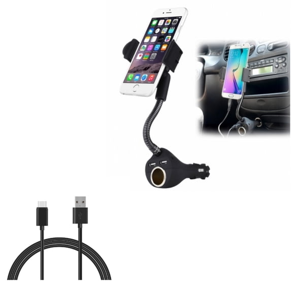 6ft USB-C Cable w Car Mount DC Socket Charger Holder Type-C Cord W2A for Dragon Touch Max10 Plus, Notepad 102 - Essential Phone (PH-1) - Google Pixel,XL,4 XL,5a 5G,5,4a,5G,3a,XL,3,XL,2,XL