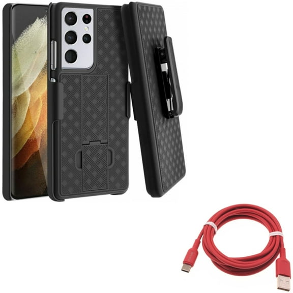 6ft USB-C Cable w Case Belt Clip for Samsung Galaxy S21 Ultra - Red Charger Cord Power, Holster Swivel Cover