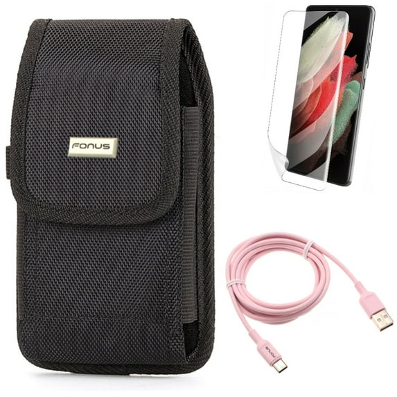 6ft USB-C Cable w Matte Screen Protector w Case Belt Clip for Samsung Galaxy S21 Plus - Pink Charger Cord, TPU Film Anti-Glare, Rugged Holster Accessory Bundle