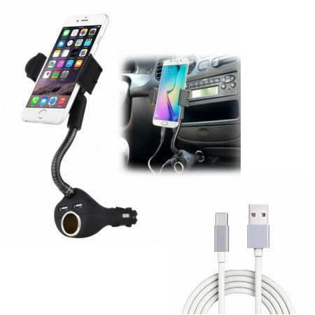 6ft USB Cable + Car Mount for Motorola One 5G Ace Phone - Type-C Charger Cord Power Wire and Charger Holder DC Socket USB 2-Port Combo for Motorola One 5G Ace
