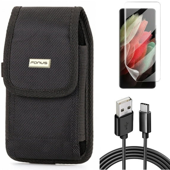 6ft USB Cable & Case Belt Clip & Matte Screen Protector for Samsung Galaxy S21 Ultra Phone - Type-C Charger Cord & Swivel Holster & TPU Film Anti-Glare Accessory Bundle