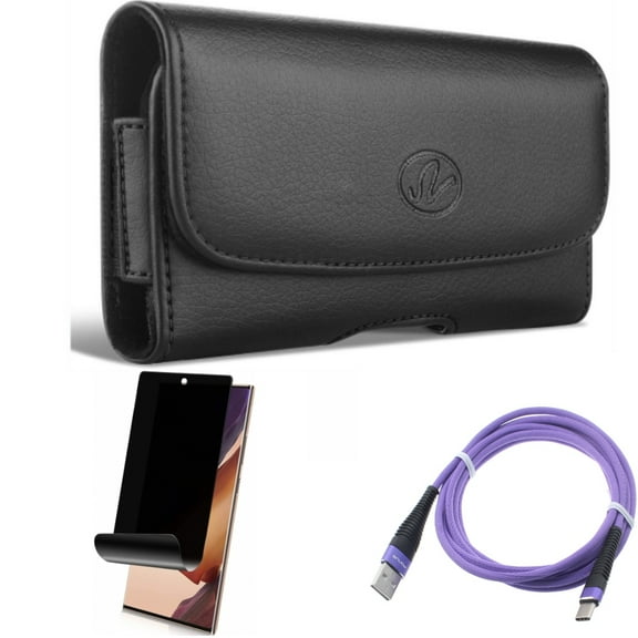 6ft USB Cable & Case Belt Clip & Privacy Screen Protector for Samsung Galaxy Note 20 Ultra (6.9") - Combo with Purple Type-C & Leather Swivel & TPU Film Anti-Peep