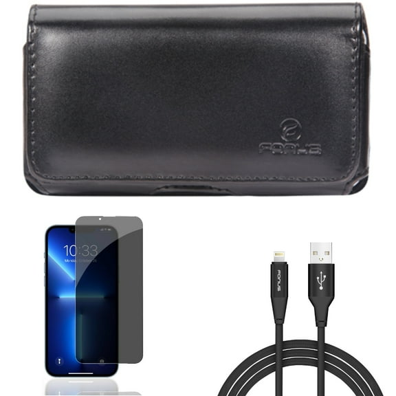 6ft USB Cable & Case Belt Clip & Privacy Screen Protector for iPhone 13/Pro - Combo with Charger Cord Power Wire & Leather Swivel Holster & Tempered Glass Curved Anti-Spy