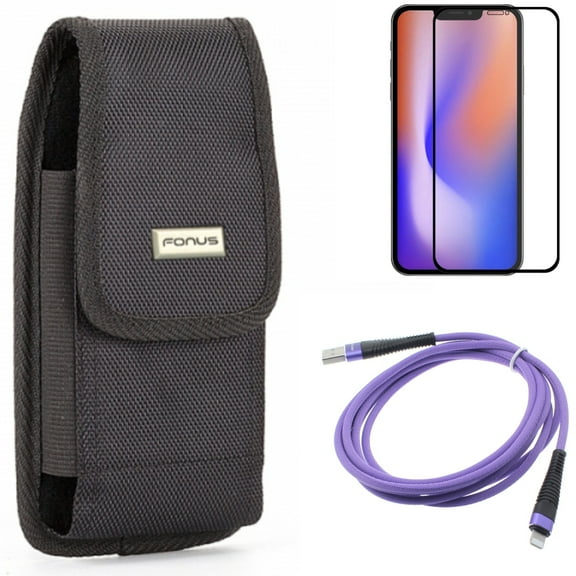 6ft USB Cable & Case Belt Clip & Screen Protector for iPhone 13/Pro - Combo with Purple Charger Cord Power & Swivel Holster Rugged & Anti-Glare Tempered Glass Matte