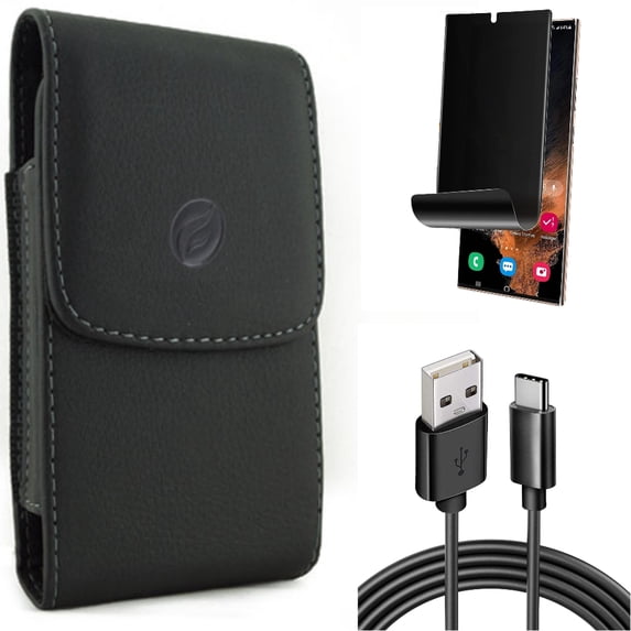 6ft USB Cable & Privacy Screen Protector & Case Belt Clip for Samsung Galaxy S22 Ultra (6.8") - Combo Type-C Charger Cord Power & TPU Film (Fingerprint) Anti-Peep & Leather Holster Cover