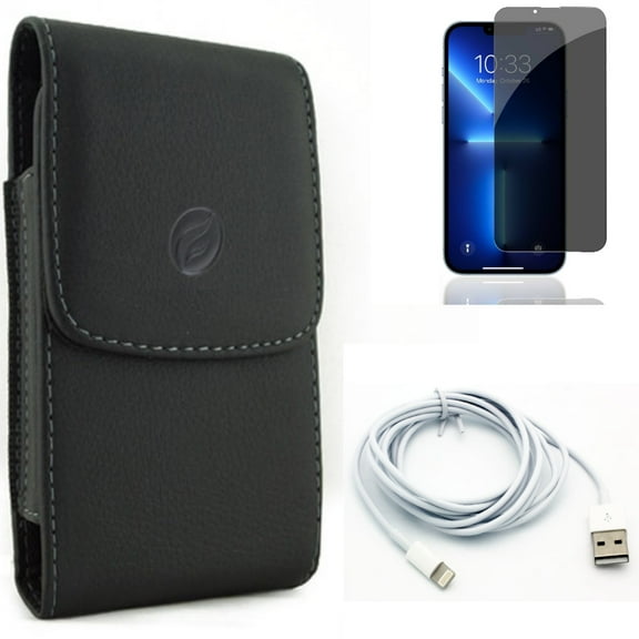 6ft USB Cable & Privacy Screen Protector & Case Belt Clip for iPhone 13,Pro ONLY - Charger Cord Power Wire + Tempered Glass Curved Anti-Spy + Leather Holster Cover Combo