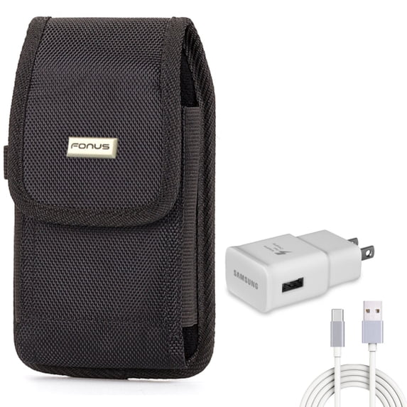 6ft USB Cable Type-C Fast Home Charger w Holster Rugged Case Belt Clip for T-Mobile REVVL V 5G 4 Plus - TCL 20S, 10L, 30 XE 5G, 20 XE, V 5G, Pro 5G, 10 Pro, 4X 5G, UW - Wiko Ride 3