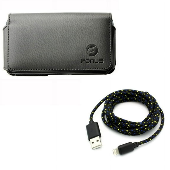 6ft USB Cable w Case Belt Clip for iPhone 8/7/6S/6 - Charger Cord Power Wire Braided Long, Leather Swivel Holster Loops Cover for iPhone 8/7/6S/6 Models