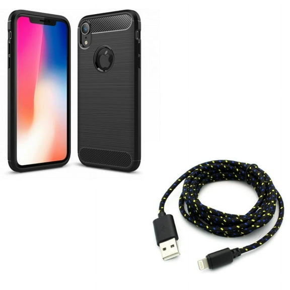 6ft USB Cable w Case for iPhone XR - Charger Cord Power Wire Braided Long, Carbon Fiber Slim Fit Cover Reinforced Bumper Shock Absorbent Compatible With iPhone XR