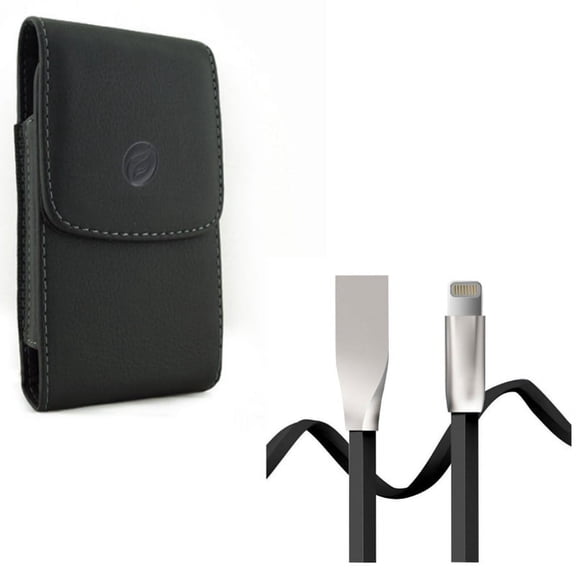 6ft USB Cable w Leather Case Belt Clip for iPhone SE (2022) - Flat Charger Cord Power Wire Sync Zinc Alloy Fast Charge Black Long, Holster Cover Pouch R5Y for iPhone SE (2022) (3rd Generation)