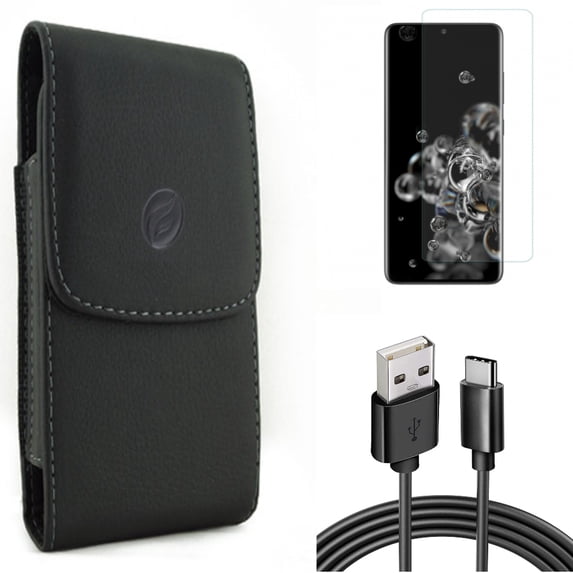 6ft USB Cable w Screen Protector w Case Belt Clip for Samsung Galaxy S20 Ultra - Type-C Charger Cord Power, Tempered Glass [Fingerprint Unlock] 3D Curved Edge, Leather Holster fits Galaxy S20 Ultra