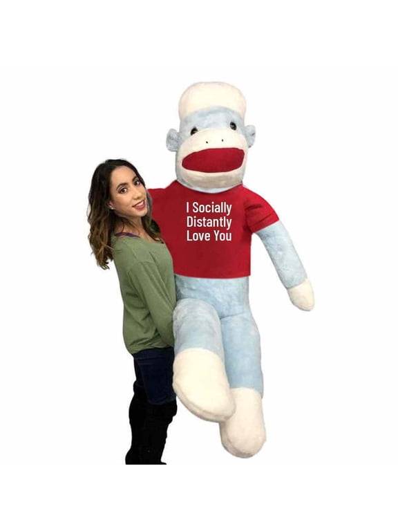 6ft Valentine's Day Giant Stuffed Sock Monkey wears Removable T-Shirt: I Socially Distantly Love You, Huge Valentine Plushie Packed in Big Box, Fully Stuffed and Ready to Hug Made in USA