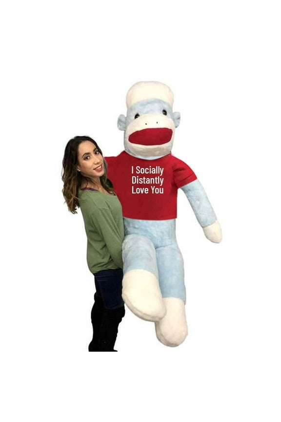 6ft Valentine's Day Giant Stuffed Sock Monkey wears Removable T-Shirt: I Socially Distantly Love You, Huge Valentine Plushie Packed in Big Box, Fully Stuffed and Ready to Hug Made in USA