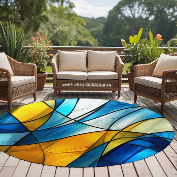 6ft Washable Round Rug, Abstract Art Non-Slip Circle Area Rug for Living Room Bedroom, Blue Yellow Gradient Wavy Lines Geometric Modern Indoor Floor Mat for Home Decor