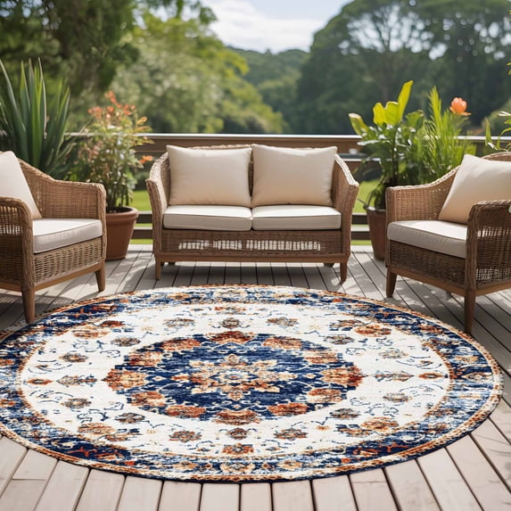 6ft Washable Round Rug, Bohemian Circular Non-Slip Circle Area Rug for Living Room Bedroom, Red Blue Vintage Ethnic Style Texture Indoor Floor Mat for Home Decor