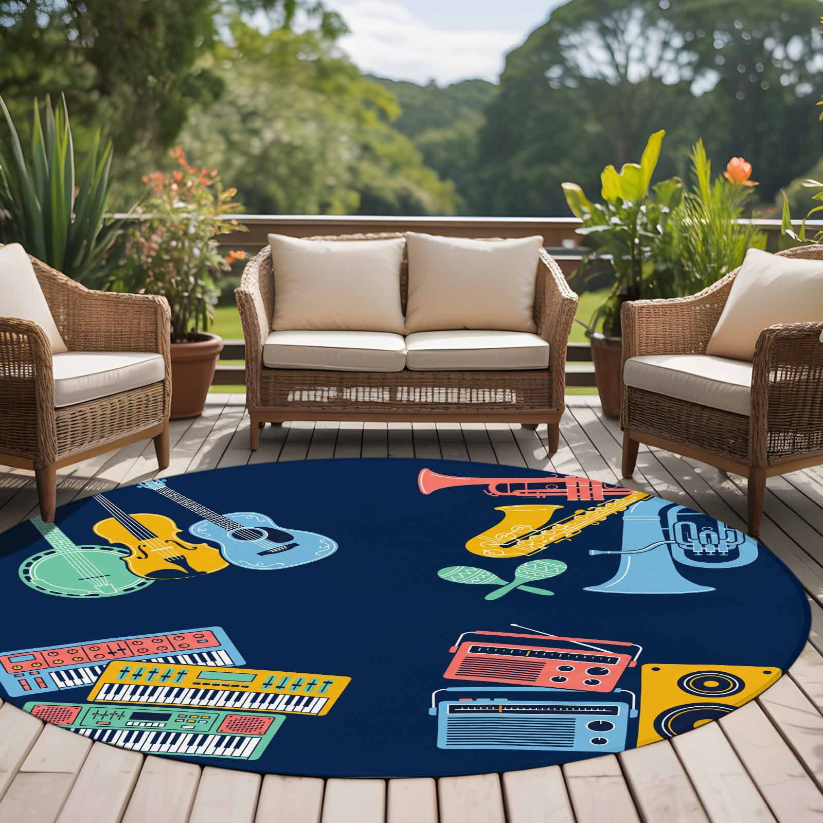 Musical Instrument Rug 6ft Washable Round Rug, Colored Instruments Non-Slip Circle Area Rug ...