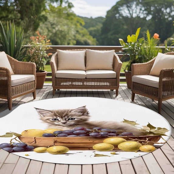 6ft Washable Round Rug, Cute Cat Non-Slip Circle Area Rug for Living Room Bedroom, and Fruits Purple Grapes Indoor Floor Mat for Home Decor