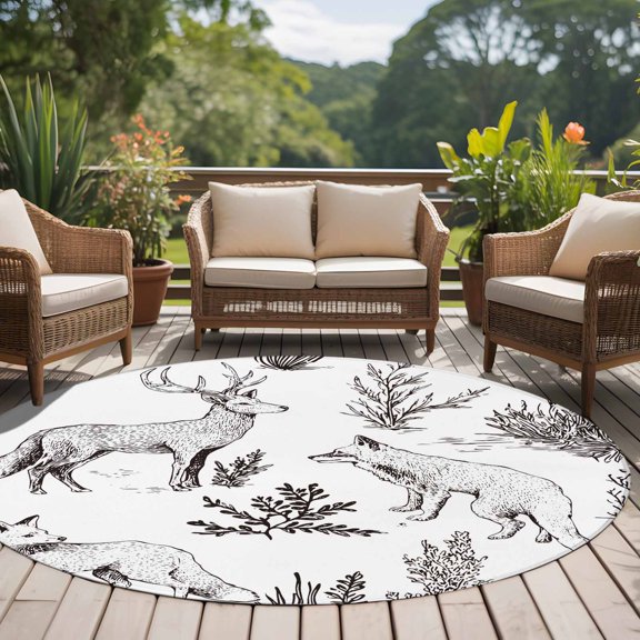 6ft Washable Round Rug, Forest Animal Non-Slip Circle Area Rug for Living Room Bedroom, Line Drawing Deer Fox Cool Wolf Spring Weeds Casual Indoor Floor Mat for Home Decor