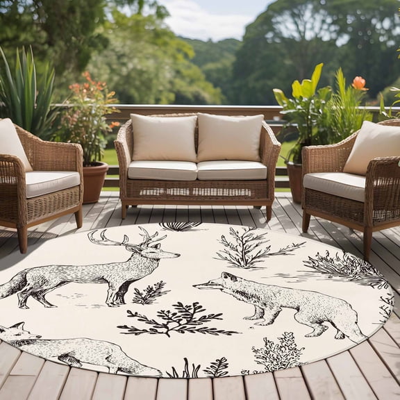 6ft Washable Round Rug, Forest Animal Non-Slip Circle Area Rug for Living Room Bedroom, Line Drawing Deer Foxes Cool Wolf Spring Weed Casual Indoor Floor Mat for Home Decor